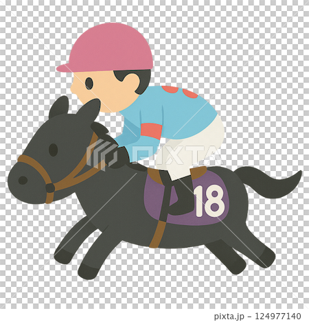 【AI作成】かわいい競走馬とジョッキーのワンカットイラスト（AIアート・DALL·E3作成 124977140