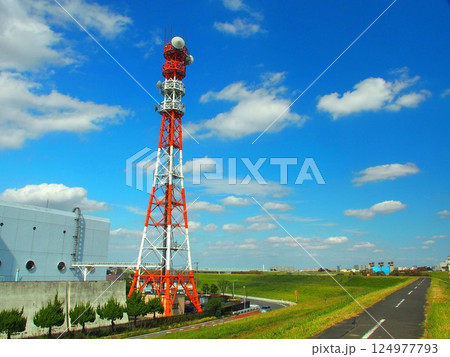 秋の江戸川土手から見る鉄塔のある三郷排水機場風景 124977793