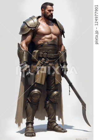 Muscular Warrior Stands Confidently With Sword in Hand, Showcasing Armor and Strength 124977901