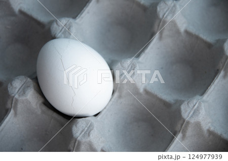 Slightly Cracked White Egg rests in Gray Cardboard Carton Tray, Fragility and Freshness in culinary arts. ideal for foodrelated designs, kitchen decor, and educational materials focusing on egg Slightly Cracked White Egg rests in Gray Cardboard Carton Tray, Fragility and Freshness in culinary arts. ideal for foodrelated designs, kitchen decor, and educational materials focusing on egg 124977939
