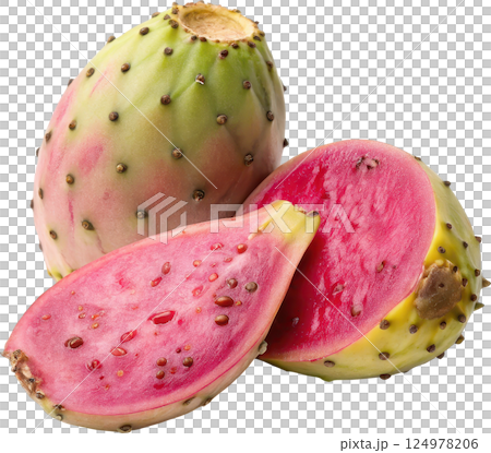 Fresh ripe cactus pear fruit with vivid pink flesh and green spiky exterior 124978206