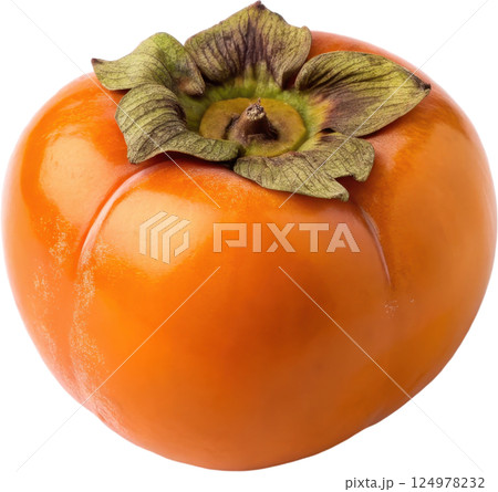 An orange persimmon fruit showcases a vibrant freshly 124978232