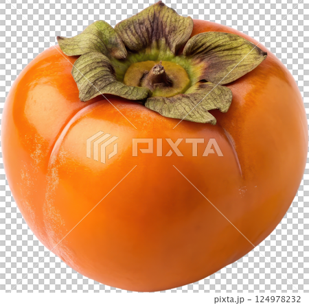 An orange persimmon fruit showcases a vibrant freshly 124978232