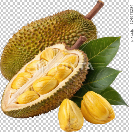 Tropical Golden yellow jackfruit with leaves 124978284