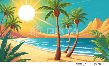 A beautiful tropical beach scene showcasing palm trees beneath a bright shining sun 124978338