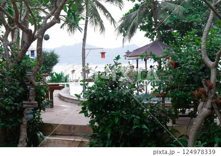 Enjoy a serene tropical paradise with lush plants, palm trees, and beautiful sea views. 124978339