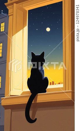 A Silhouette of a Cat Gently Gazing Intently at the Beautiful Moonlit Night Sky High Above 124978341