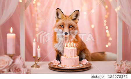 A small fox sits happily in front of a colorful birthday cake 124978373