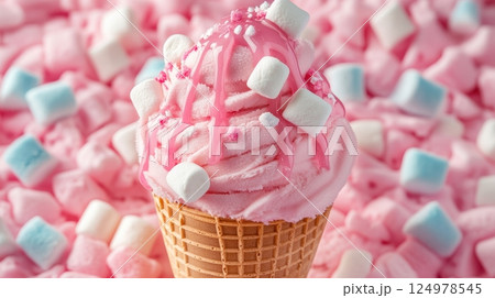 Dreamy Cotton Candy Ice Cream in a Sugar Cone with Sprinkles 124978545