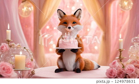 A plush stuffed fox is sitting on a table while holding a birthday cake on it 124978631