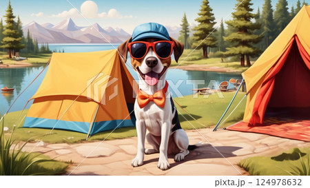 A Happy Dog Enjoying a Fun Camping Trip with its Owners by a Beautiful Lake on a Sunny Day 124978632
