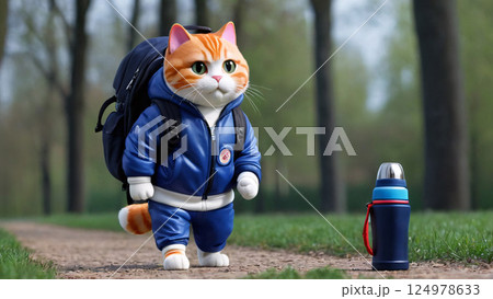This Adventurous Cat is Eagerly Prepared for an Exciting Outdoor Adventure Experience 124978633