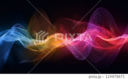 暗い背景の中に、流れるようなカラフルな煙の軌跡で表現された抽象的な音波のイメージ 124978671