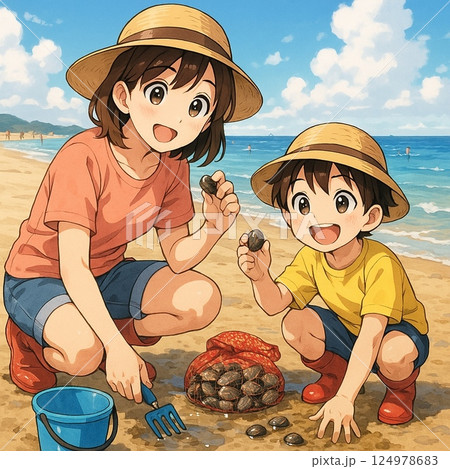 潮干狩りする親子 124978683