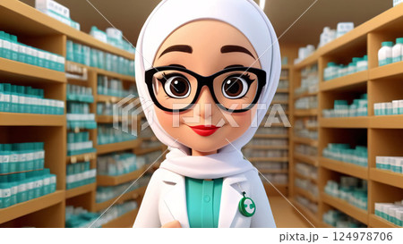 Cheerful Animated Pharmacist Working in a Pharmacy Office, Helping Community with Health Needs 124978706