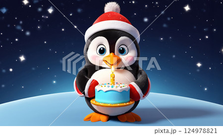 A penguin in a santa hat is blowing out a birthday cake candle 124978821