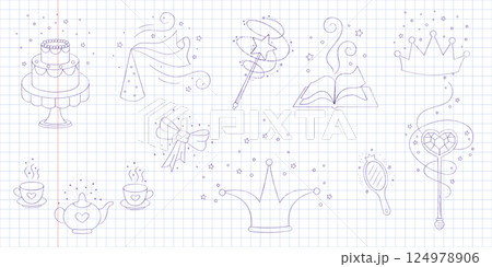 Magic wands and elements doodle set. Fairytale element in sketch style. Hand drawn vector illustration isolated on white background 124978906