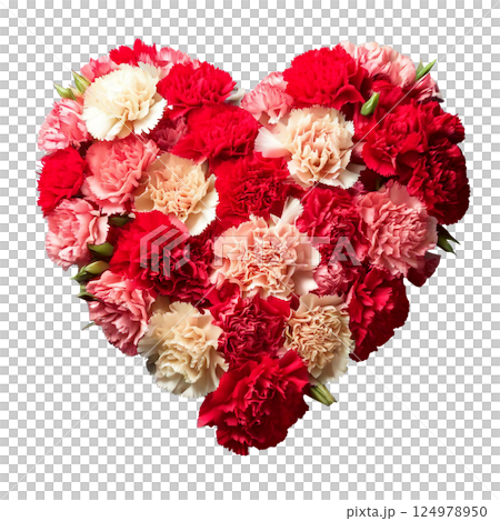Mother's Day carnations, heart-shaped bouquet, overhead view 124978950