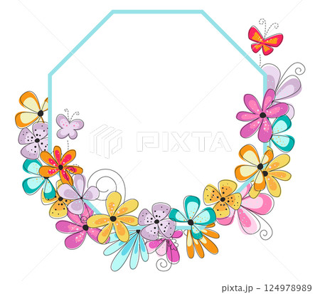 Bright spring summer frame with colorful flowers and butterflies. Easter celebration background. Spring frame for card, invitation. 124978989