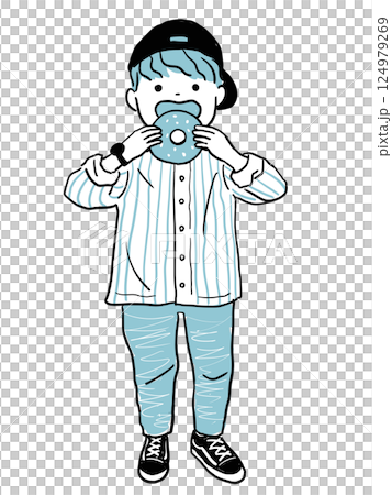 男孩咬著甜甜圈 - 藍色 124979269