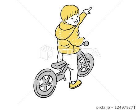 自転車に乗って指さす男の子　黄色系 124979271