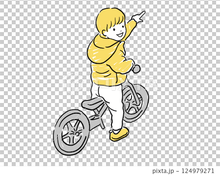 自転車に乗って指さす男の子　黄色系 124979271