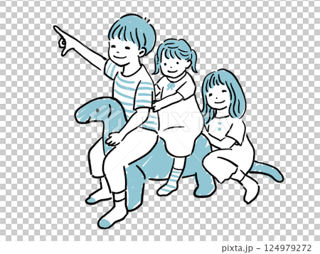 恐竜に乗って遊ぶ子供たち　ブルー系 124979272