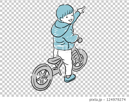 Boy pointing on a bicycle - Blue Boy pointing on a bicycle - Blue 124979274