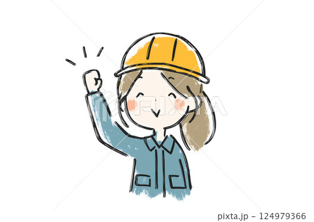 ガッツポーズをする女性エンジニアのイラスト(ヘルメット・作業服・笑顔) ガッツポーズをする女性エンジニアのイラスト(ヘルメット・作業服・笑顔) 124979366