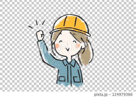 ガッツポーズをする女性エンジニアのイラスト(ヘルメット・作業服・笑顔) ガッツポーズをする女性エンジニアのイラスト(ヘルメット・作業服・笑顔) 124979366