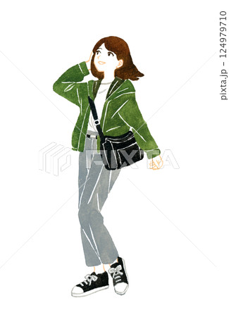 旅・観光をする若い女性　手描き水彩イラスト素材 124979710