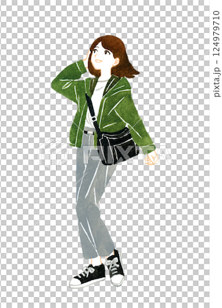 旅・観光をする若い女性　手描き水彩イラスト素材 124979710