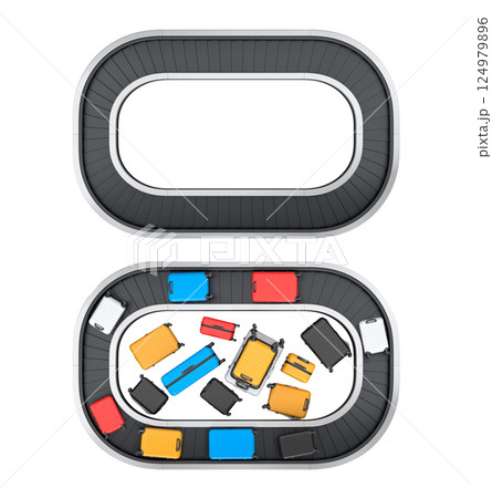 Set of Airport luggage conveyor belt or baggage claim area with suitcases on white. 124979896