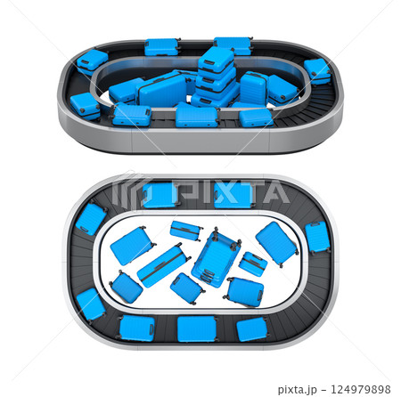 Set of Airport luggage conveyor belt or baggage claim area with suitcases on white. 124979898
