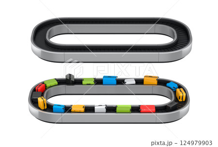 Set of Airport luggage conveyor belt or baggage claim area with suitcases on white. 124979903