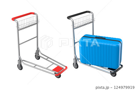 Set of Regular suitcase on hotel trolley cart for carrying baggage on white background Set of Regular suitcase on hotel trolley cart for carrying baggage on white background 124979919