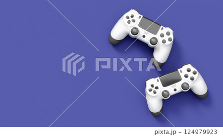 Realistic white video game joysticks or gamepads on violet background 124979923