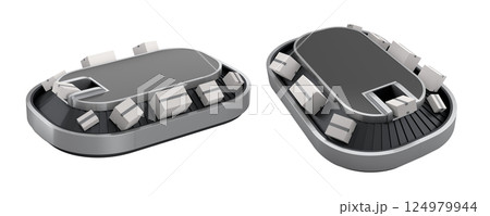 Set of Airport conveyor belt or baggage claim area with cardboard boxes or cartons 124979944