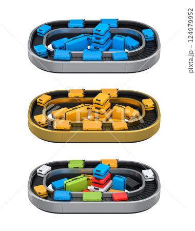 Set of Airport luggage conveyor belt or baggage claim area with suitcases on white. 124979952
