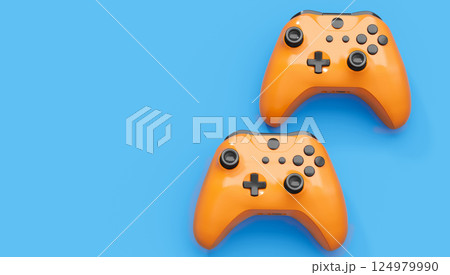 Realistic blue yellow video game joysticks or gamepads on blue background Realistic blue yellow video game joysticks or gamepads on blue background 124979990
