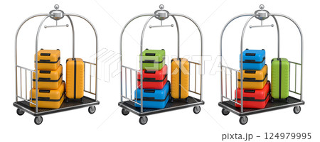 Set of Regular suitcase on hotel trolley cart for carrying baggage on white background Set of Regular suitcase on hotel trolley cart for carrying baggage on white background 124979995