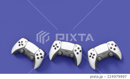 Realistic white video game joysticks or gamepads on violet background 124979997