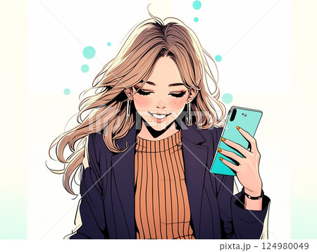 スマホ画面を見て微笑んでいるビジネスウーマン 124980049