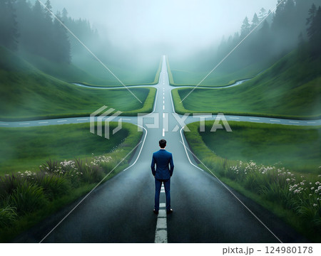 分かれている道の前に立つスーツを着た少年の後ろ姿 分かれている道の前に立つスーツを着た少年の後ろ姿 124980178