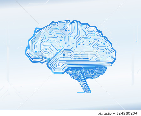 Vector illustration of a human brain with electronic circuit board patterns, symbolizing artificial intelligence, machine learning, digital processing, and futuristic technology. Clean blue lines on a 124980204