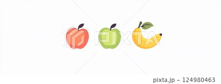 Minimalist fruit logo design featuring abstract apple, pear, and banana on a clean white background with modern simplicity Minimalist fruit logo design featuring abstract apple, pear, and banana on a clean white background with modern simplicity 124980463