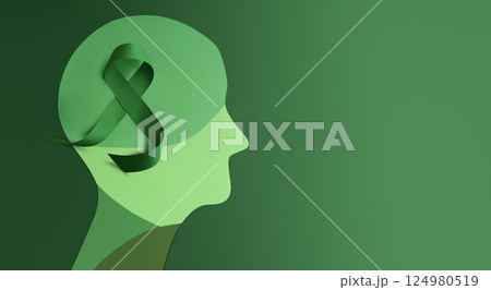 Mental Health Awareness Month Concept. Self Care, Positive Thinking, Happy and Optimistic Mind. Paper cut as a Head with a Green Ribbon on Brain 124980519