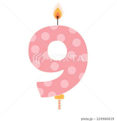 Number 9 birthday cake candle with flame light. Nine year old celebration design element. Flat vector illustration isolated on white background. 124980819
