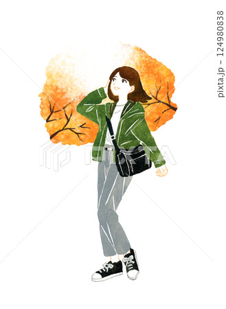 旅・観光をする若い女性（紅葉・秋）　手描き水彩イラスト素材 124980838