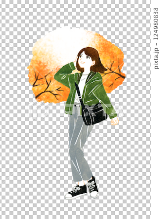 旅・観光をする若い女性（紅葉・秋）　手描き水彩イラスト素材 124980838